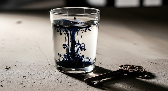 Glass with black ink swirls and old style key on concrete surface