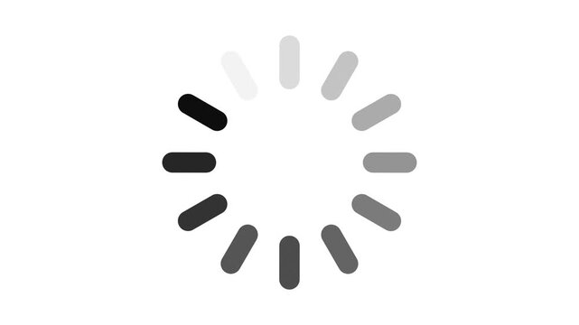 Circular loading animation with alternating shades of gray. The design features a series of elongated dots arranged in a circular pattern, indicating progress