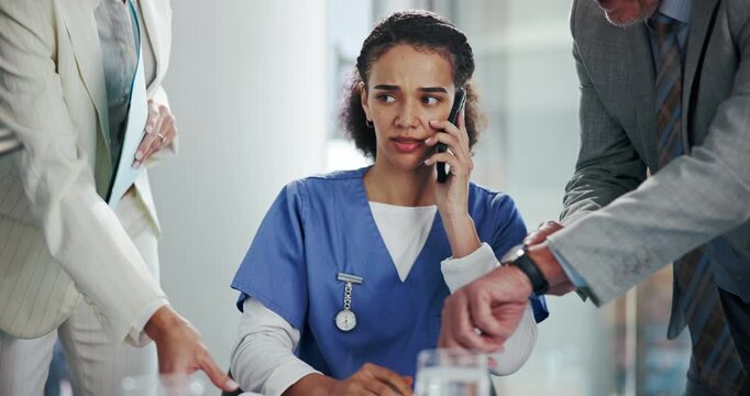 Multitask, time management and surgeon with documents in office for administration anxiety, stress or burnout. Busy, phone call and woman healthcare chief with medical paperwork with clinic chaos.