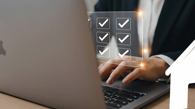 Professional on laptop completing a digital checklist, virtual checkmarks signifying efficient online task management, streamlined processes for business or property planning