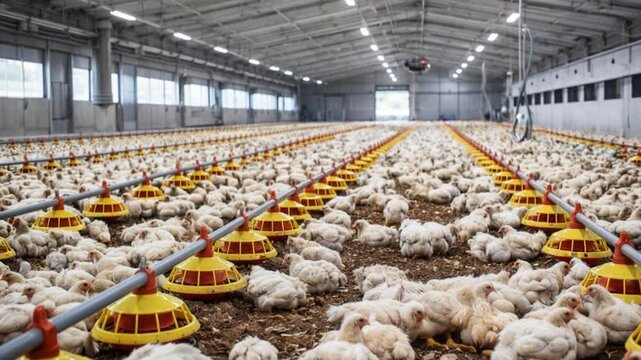 Chicken farm with many birds.
