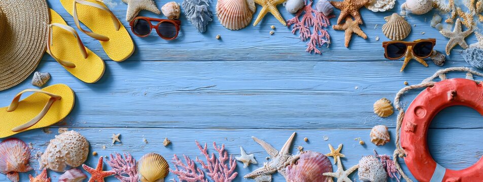 Summer vacation background with beach accessories on blue wood.