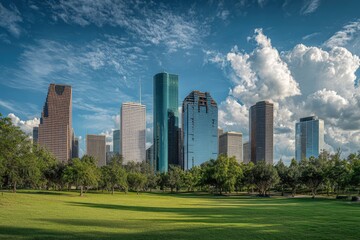 Fototapeta premium Houston Skyline Panorama - Green Park, Skyscrapers, and Cloudy Sky.