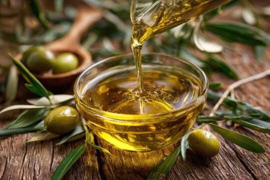 Olive oil pouring into glass bowl with olives and leaves.