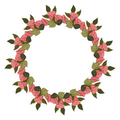 Fototapeta premium A wreath of elegant, lovely dusty pink roses, buds, and leaves for your design. Vector illustration isolated on a white background.
