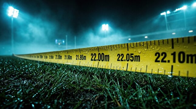 Measuring tape on wet grass field at night for shot put distance, precision measurement in sports