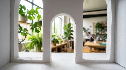 Fototapeta premium White architectural model with arch openings, conceptual prototype in modern design studio during daytime.