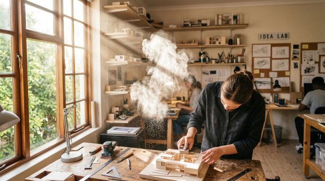 Female architect diligently sanding intricate architectural model in sunlit design studio workshop, dust flying.