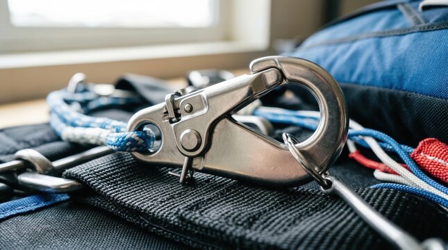 Stainless steel carabiner hook securely attached to blue and white rope on skydiving parachute equipment indoors.