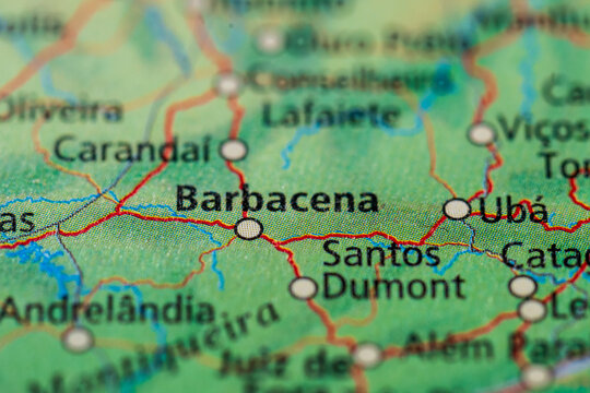 Detailed map close up of Barbacena and Santos Dumont Brazil.