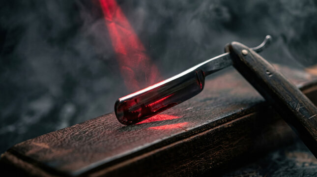 Vintage straight razor on leather strop with red light accent, classic barbershop tool for shaving and grooming