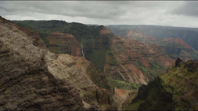 A wide shot overlooking the Waimea canyon and Waipo'o falls, Kauai, Hawaii