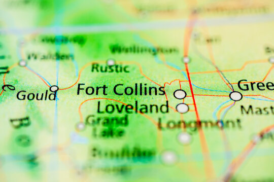 Fort Collins and Loveland Colorado road map detail highlighting northern Front Range transportation routes.