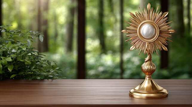 Golden monstrance on a wooden table, illuminating the Eucharist for Corpus Christi celebration, symbolizing divine presence, faith, and spiritual devotion outdoors. Corpus Christi