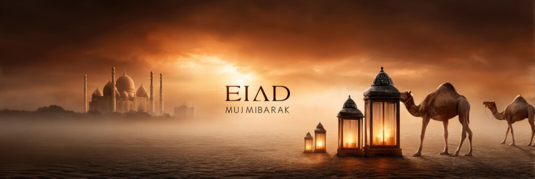Camels and traditional lanterns illuminating a desert landscape with a mosque silhouette, celebrating Eid Al Adha Mubarak and Islamic new year spirit