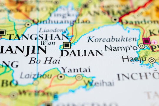 Close up map of Dalian and Bohai Sea region in northeastern China.