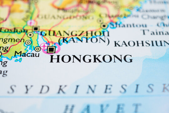 Close up world map highlighting Hong Kong and Guangzhou region along the South China coast.