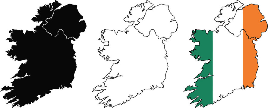 Set of ireland maps including silhouette, outline and flag map
