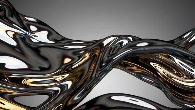 A video of abstract waves of liquid metal in motion, combining glossy gold and dark matte gray. The fluid flow is dynamic, with elegant studio lighting and soft reflections.