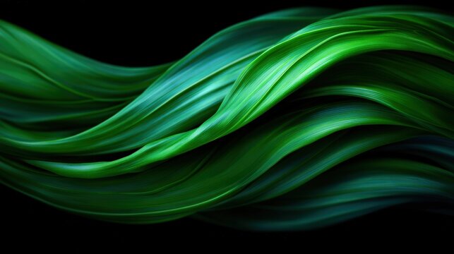 Abstract close-up of flowing green and blue fibers or strands creating a smooth, wave-like pattern on a black background.