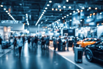 Obraz premium Blurred view of a busy car exhibition hall.