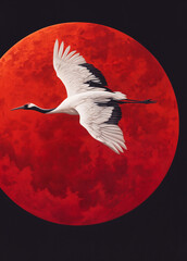 Fototapeta premium Graceful Crane Silhouette Against Mystical Red Night Sky - Beautiful Nature-Inspired Digital Illustration