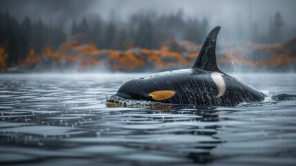Obraz premium Killer whale surfaces, creating a splash in the ocean. Black and white body contrasts calm water. Misty forest trees form the distant background. Dorsal fin pierces the water's surface