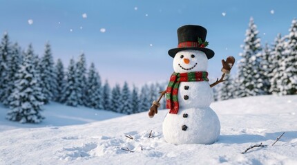 Naklejka premium Snowman in winter landscape with trees.