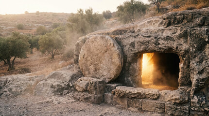 Fototapeta premium The empty tomb of Jesus Christ with a stone rolled away at sunrise