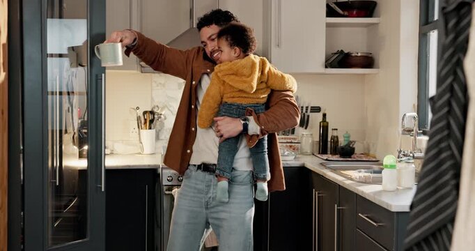 Morning, baby formula and phone call with father in kitchen for milk feeding, multitasking and infant care. Support, wellness and breakfast with man and child in family home for nutrition development