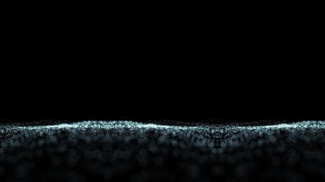 Elegant shimmering particle wave made of tiny glittering dots flowing in smooth slow motion across a dark background. Minimal abstract scene with soft depth of field. Seamless looping animation.
