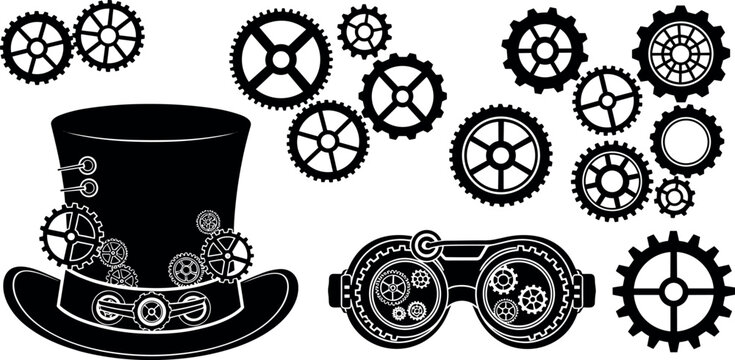 A steampunk inspired illustration of a top hat and goggles with gears
