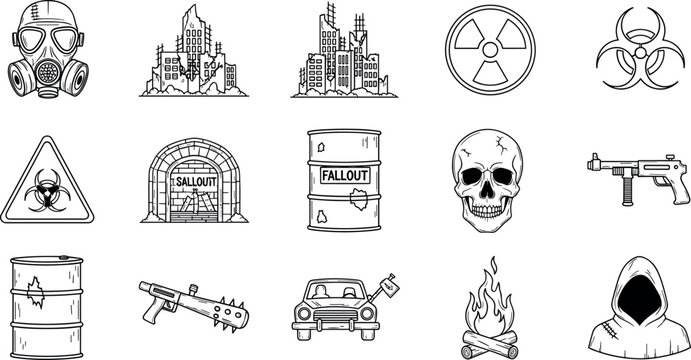 A collection of black and white illustrations depicting various hazardous symbols and objects