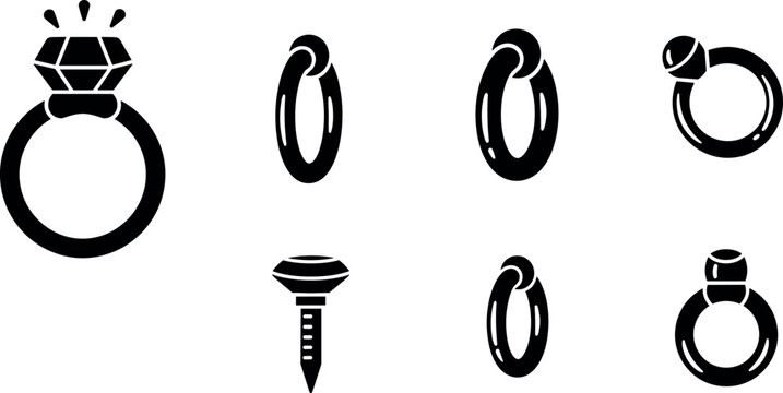 A collection of various ring and screw icons in black and white