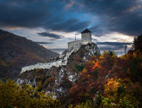 Ruins of old medieval town of Uzice in Serbia. Cloudy autumn day.

