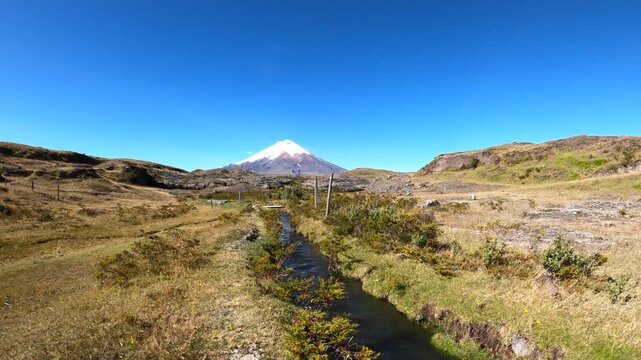 Cotopaxi Volcano and Andean Irrigation Canal in Ecuador Paramo.