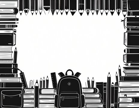 Books and school supplies create a structured border around an empty rectangular space, featuring a backpack, sharpened pencils, and stacked volumes in a classic academic layout.