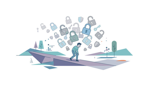 Minimal digital landscape charged with unease as translucent lock icons drift around a shrinking person, security symbols