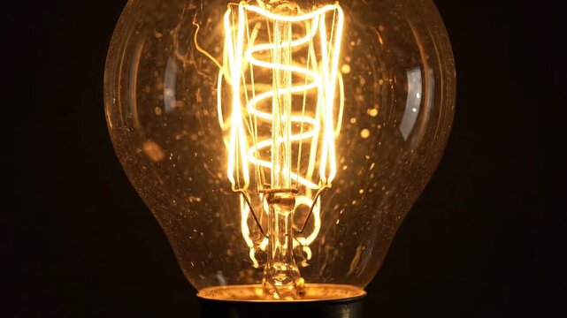 Close-up of a glowing vintage Edison light bulb with a spiral filament on a dark background