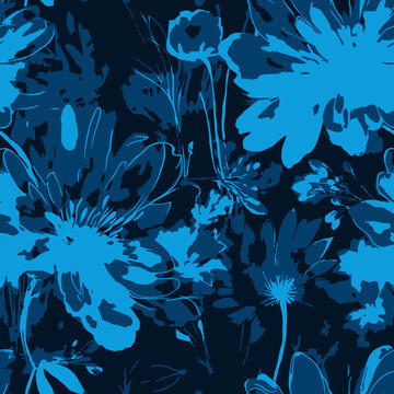 Dark blue abstract floral pattern with bright blue flowers and leaves