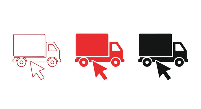 Three truck icons in different states of interaction with a cursor on a white background.