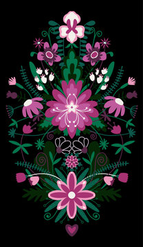 Symmetrical Folk Floral Ornament Vector Illustration with Pink Flowers and Green Leaves on Black Background for Textile, Wallpaper, Packaging and Decorative Design