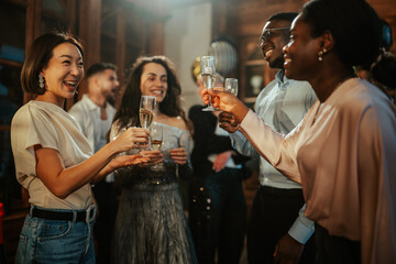 Diverse group of young people cheering and smiling, making a toast with sparkling wine at a celebration party © Zamrznuti tonovi