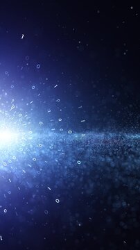 Rotating semicircle of binary digits moving clockwise through glowing blue light burst, surrounded by digital particles and data dust on deep technology background. Vertical seamless loop animation.