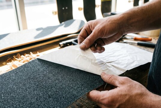 Hands peeling the paper backing off a sheet of black grip tape before applying it to a skateboard