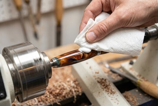 Woodturner applying polish with a paper towel to a shiny wood and resin pen blank on a lathe