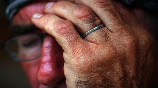 Stressful Moment as Hand Covers Temple Over Contract Showing Skin Detail and Veins, Captured Using 100mm Macro Lens at F2.8