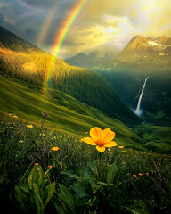 Stunning alpine landscape with vibrant rainbow, sunlit valley, cascading waterfall, and a yellow wildflower in the foreground under dramatic clouds