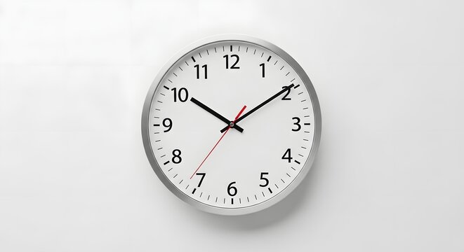 A minimalist wall clock with a silver frame and black numbers isolated on a plain white background
