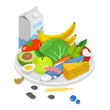 3D Isometric Flat Vector Set of Vegetarian Food Plates, Organic Grocery Products. Item 3